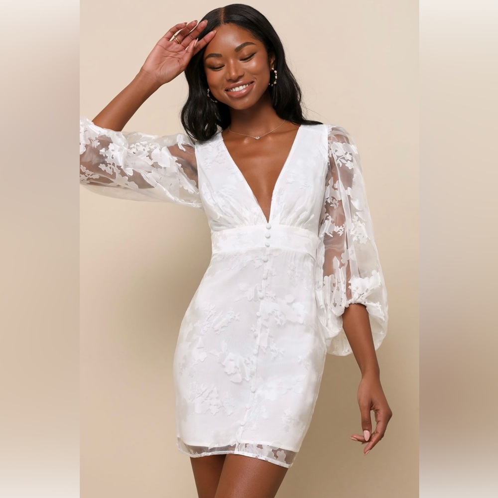 NWT Lulus Dramatic Energy White Floral Burnout Balloon Sleeve Mini Dress size XL